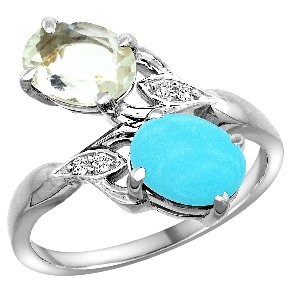 10K WHITE GOLD DIAMOND NATURAL GREEN AMETHYST & TURQUOISE 2-STONE RING OVAL 8X6MM, SIZES 5 - 10