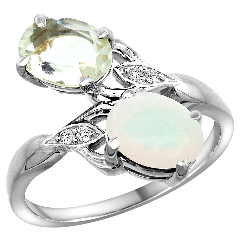 10K WHITE GOLD DIAMOND NATURAL GREEN AMETHYST & OPAL 2-STONE RING OVAL 8X6MM, SIZES 5 - 10