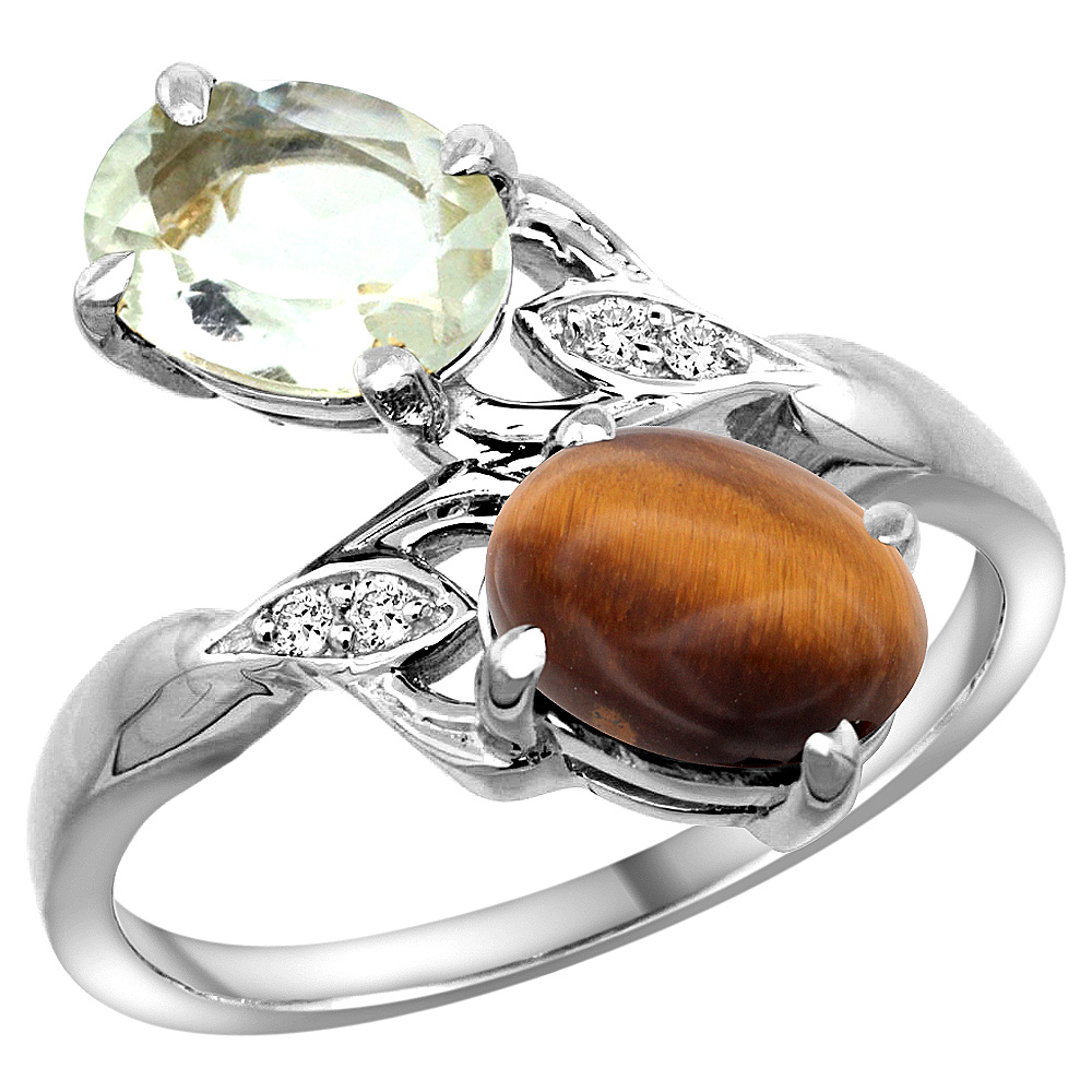 10K White Gold Diamond Natural Green Amethyst &amp; Tiger Eye 2-stone Ring Oval 8x6mm, sizes 5 - 10