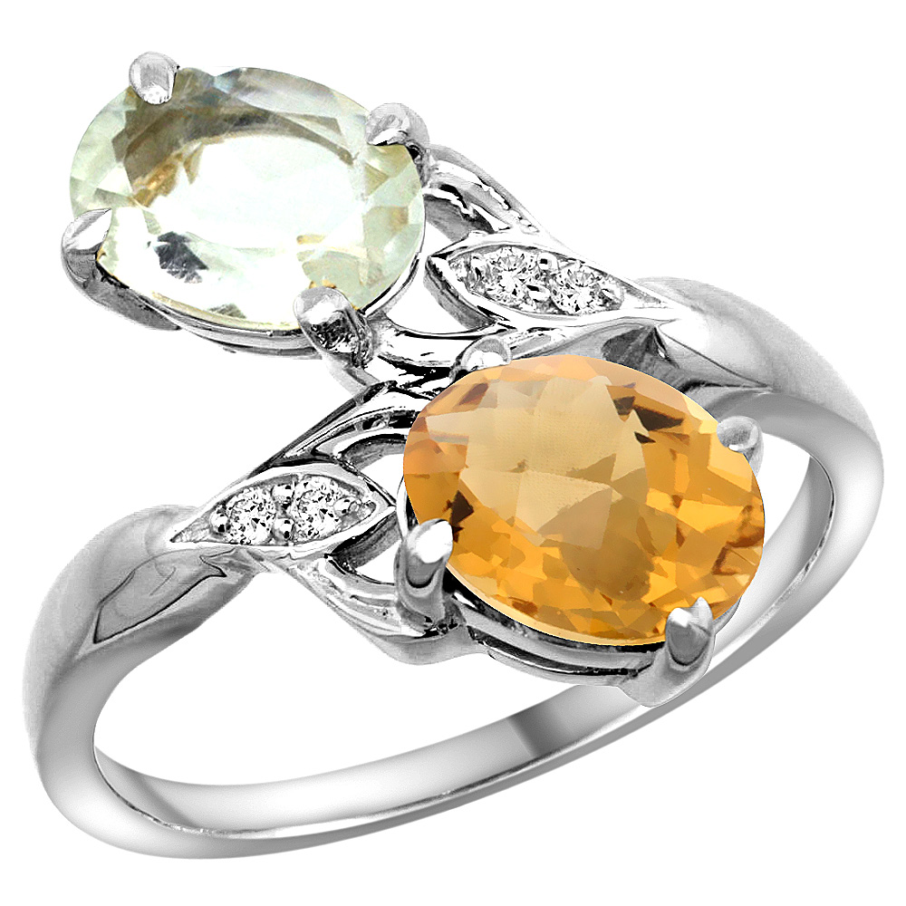 14k White Gold Diamond Natural Green Amethyst & Whisky Quartz 2-stone Ring Oval 8x6mm, sizes 5 - 10