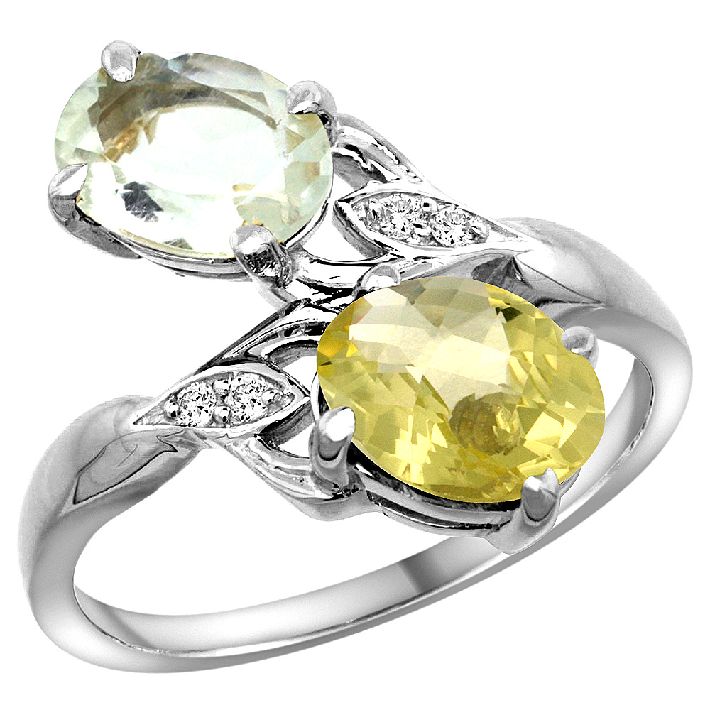 10K WHITE GOLD DIAMOND NATURAL GREEN AMETHYST & LEMON QUARTZ 2-STONE RING OVAL 8X6MM, SIZES 5 - 10
