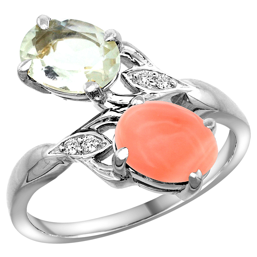10K WHITE GOLD DIAMOND NATURAL GREEN AMETHYST & CORAL 2-STONE RING OVAL 8X6MM, SIZES 5 - 10