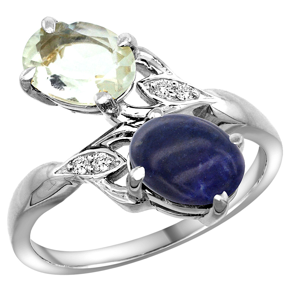 10K White Gold Diamond Natural Green Amethyst &amp; Lapis 2-stone Ring Oval 8x6mm, sizes 5 - 10