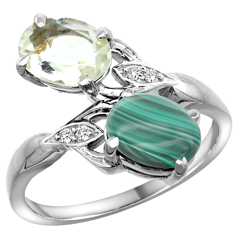 14k White Gold Diamond Natural Green Amethyst &amp; Malachite 2-stone Ring Oval 8x6mm, sizes 5 - 10