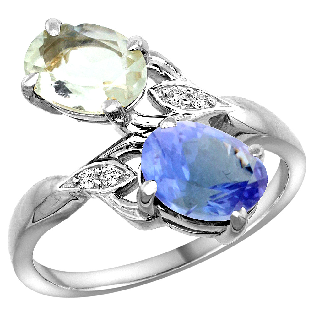 10K WHITE GOLD DIAMOND NATURAL GREEN AMETHYST & TANZANITE 2-STONE RING OVAL 8X6MM, SIZES 5 - 10
