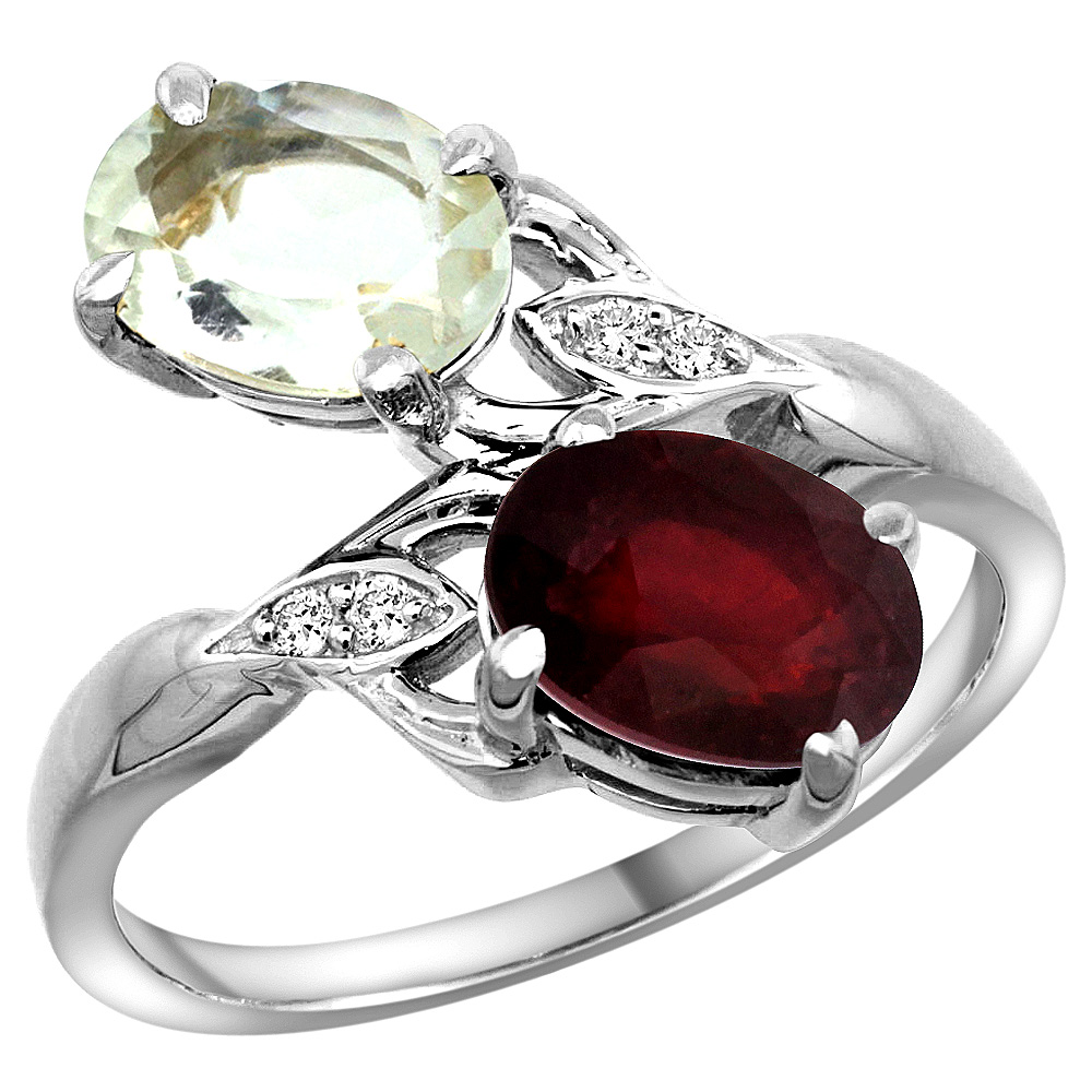 10K WHITE GOLD DIAMOND NATURAL GREEN AMETHYST RUBY 2-STONE MOTHERS RING OVAL 8X6MM SIZE 5-10