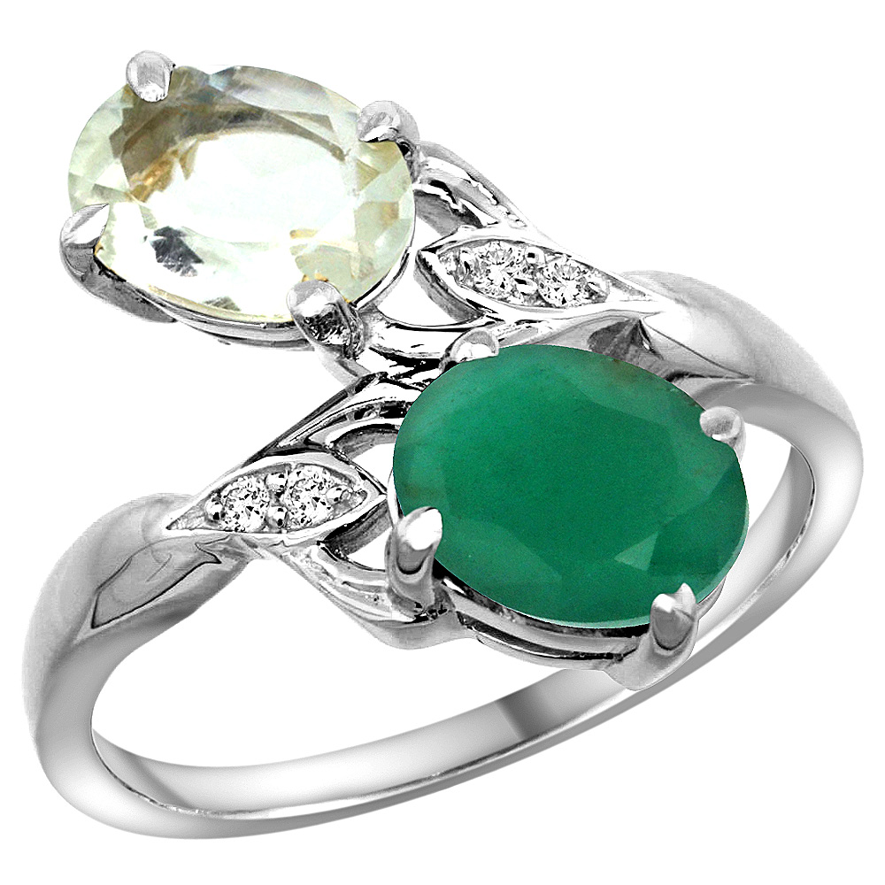 10K WHITE GOLD DIAMOND NATURAL GREEN AMETHYST EMERALD 2-STONE MOTHERS RING OVAL 8X6MM SIZE 5-10