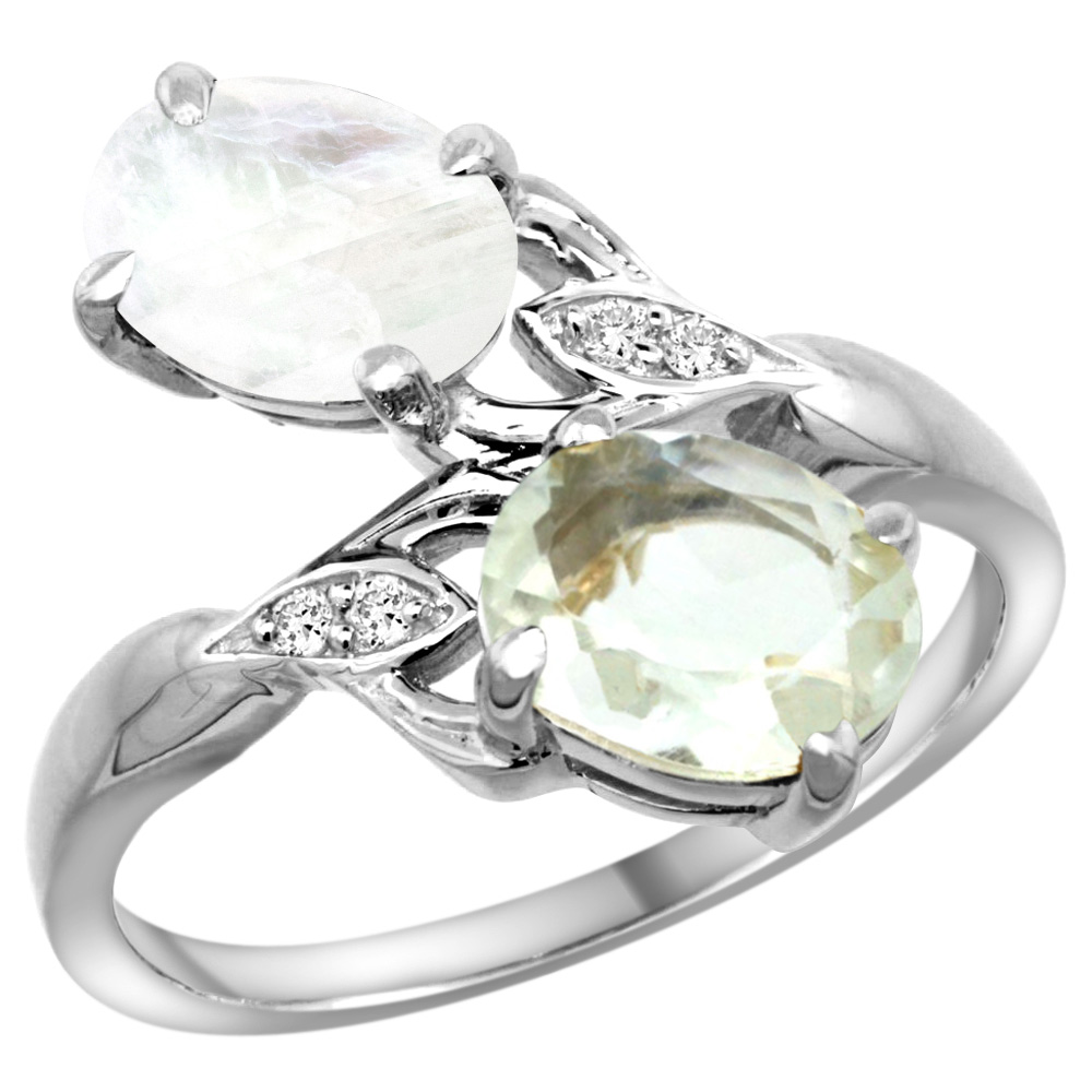 10K WHITE GOLD DIAMOND NATURAL GREEN AMETHYST & RAINBOW MOONSTONE 2-STONE RING OVAL 8X6MM, SIZES 5 - 10