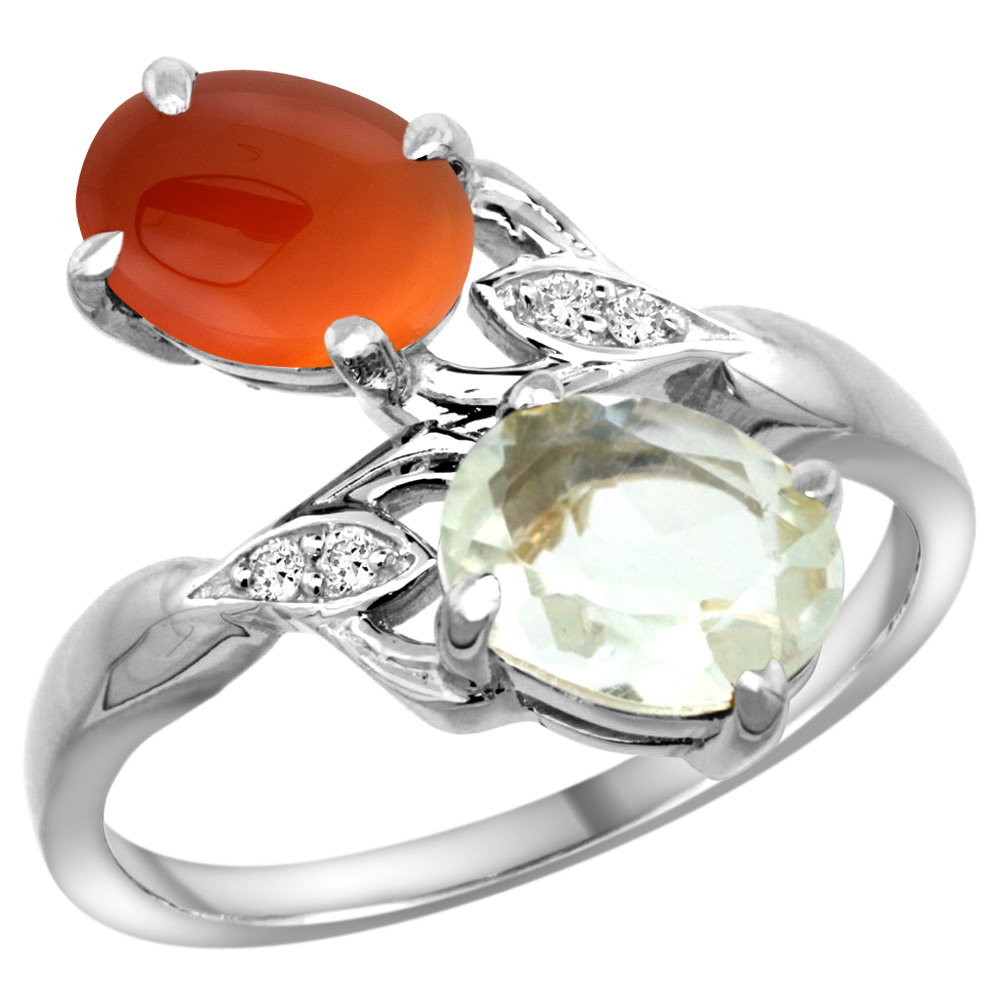 10K WHITE GOLD DIAMOND NATURAL GREEN AMETHYST & BROWN AGATE 2-STONE RING OVAL 8X6MM, SIZES 5 - 10