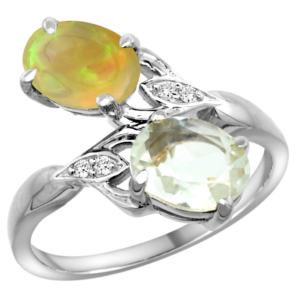 10K WHITE GOLD DIAMOND NATURAL GREEN AMETHYST & ETHIOPIAN OPAL 2-STONE MOTHERS RING OVAL 8X6MM, SZ 5 - 10