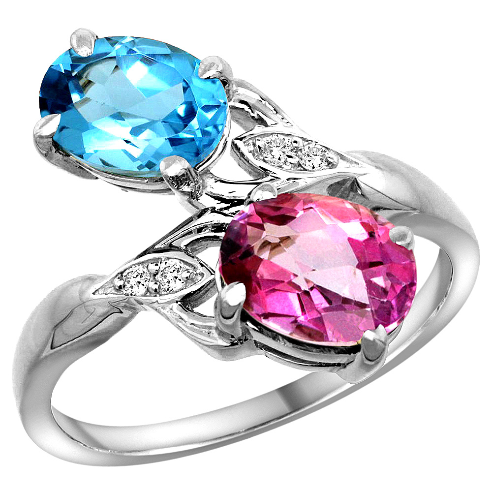 14K WHITE GOLD DIAMOND NATURAL SWISS BLUE & PINK TOPAZ 2-STONE RING OVAL 8X6MM, SIZES 5 - 10