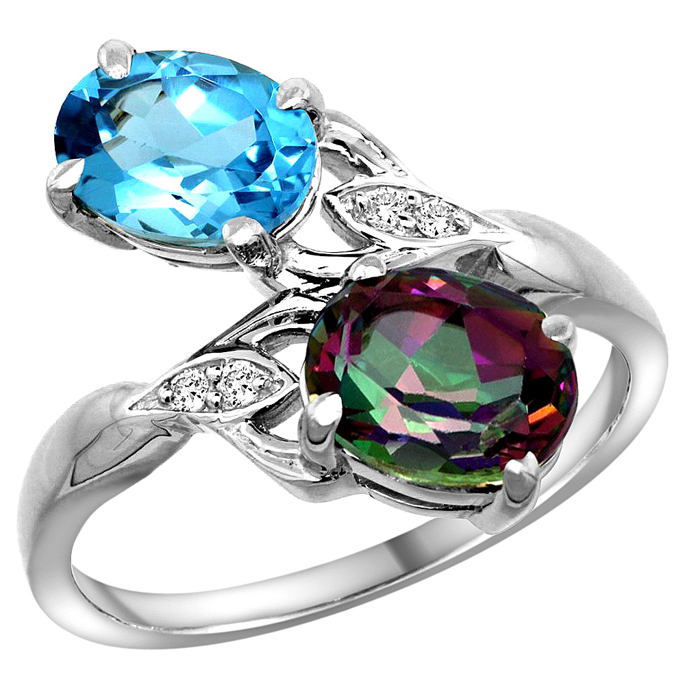 14k White Gold Diamond Natural Swiss Blue &amp; Mystic Topaz 2-stone Ring Oval 8x6mm, sizes 5 - 10