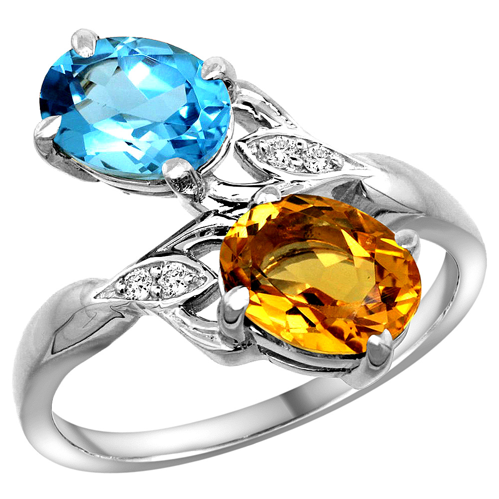 14K WHITE GOLD DIAMOND NATURAL SWISS BLUE TOPAZ & CITRINE 2-STONE RING OVAL 8X6MM, SIZES 5 - 10