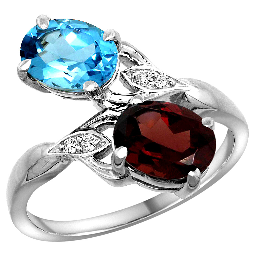 14k White Gold Diamond Natural Swiss Blue Topaz & Garnet 2-stone Ring Oval 8x6mm, sizes 5 - 10