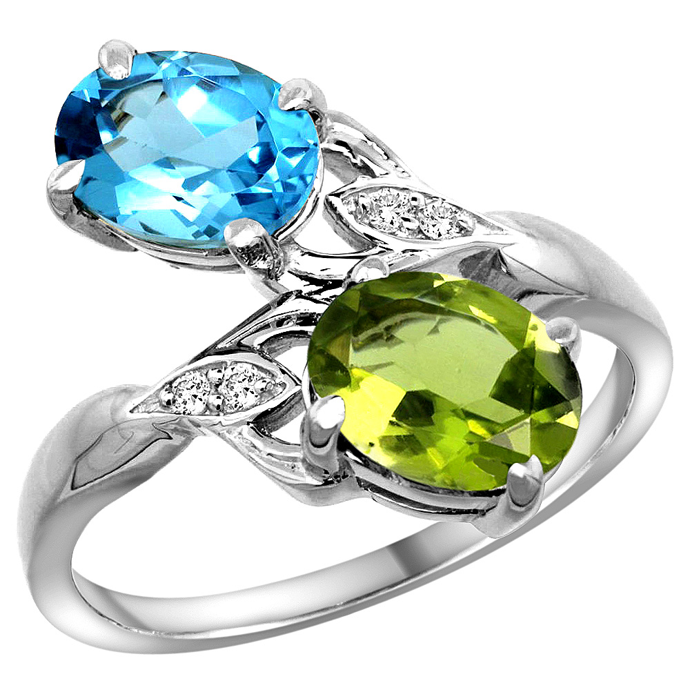 14k White Gold Diamond Natural Swiss Blue Topaz & Peridot 2-stone Ring Oval 8x6mm, sizes 5 - 10