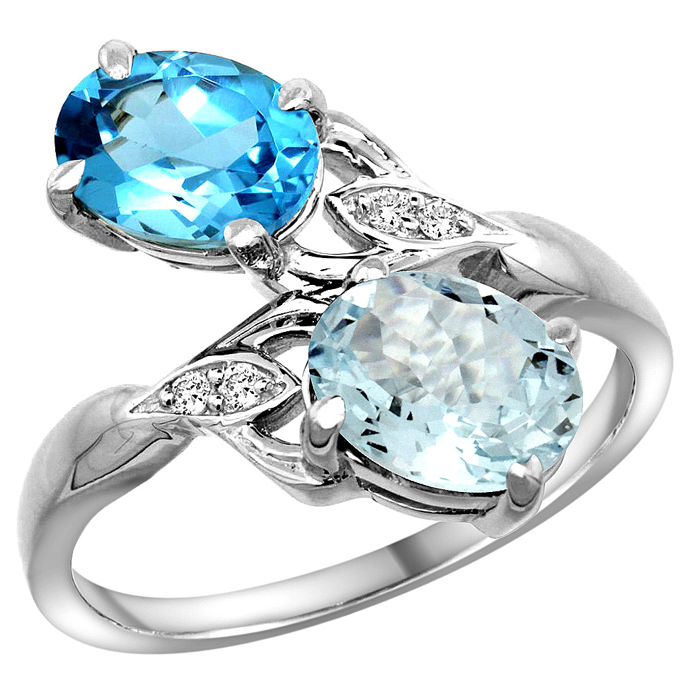 10K WHITE GOLD DIAMOND NATURAL SWISS BLUE TOPAZ & AQUAMARINE 2-STONE RING OVAL 8X6MM, SIZES 5 - 10