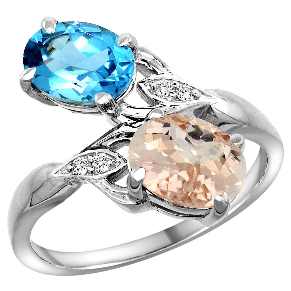 10K WHITE GOLD DIAMOND NATURAL SWISS BLUE TOPAZ & MORGANITE 2-STONE RING OVAL 8X6MM, SIZES 5 - 10