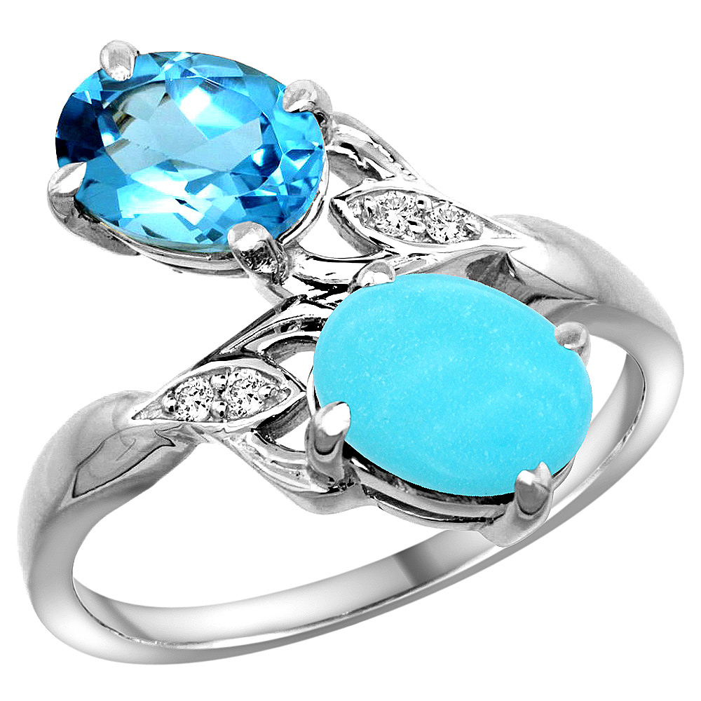 10K WHITE GOLD DIAMOND NATURAL SWISS BLUE TOPAZ & TURQUOISE 2-STONE RING OVAL 8X6MM, SIZES 5 - 10