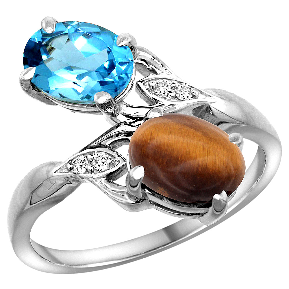 10K WHITE GOLD DIAMOND NATURAL SWISS BLUE TOPAZ & TIGER EYE 2-STONE RING OVAL 8X6MM, SIZES 5 - 10