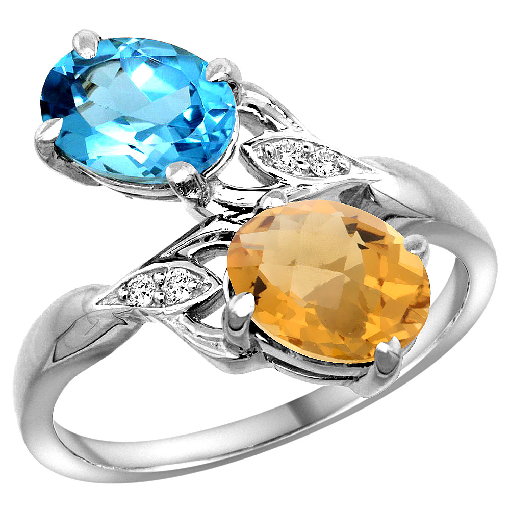 10K White Gold Diamond Natural Swiss Blue Topaz &amp; Whisky Quartz 2-stone Ring Oval 8x6mm, sizes 5 - 10