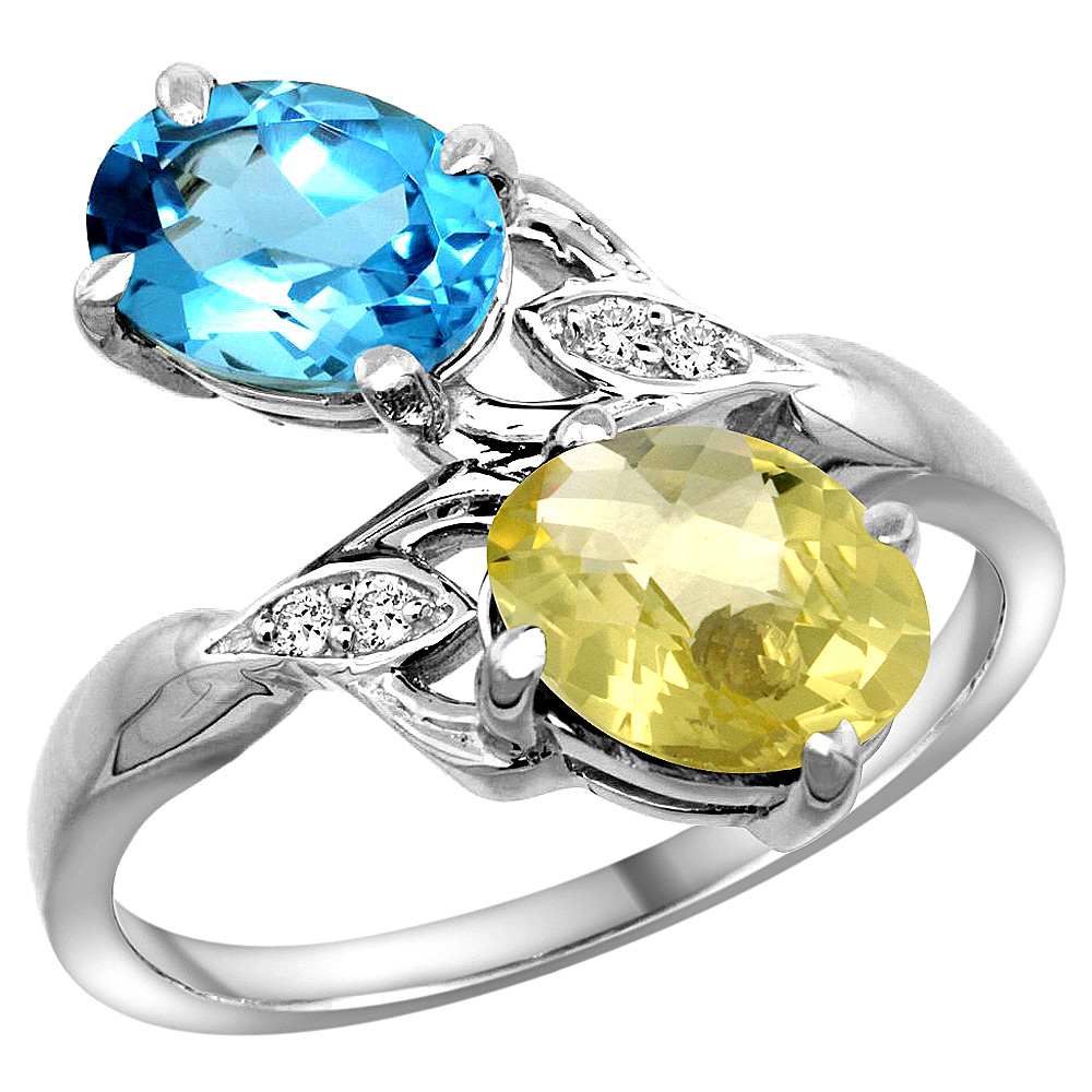 10K WHITE GOLD DIAMOND NATURAL SWISS BLUE TOPAZ & LEMON QUARTZ 2-STONE RING OVAL 8X6MM, SIZES 5 - 10