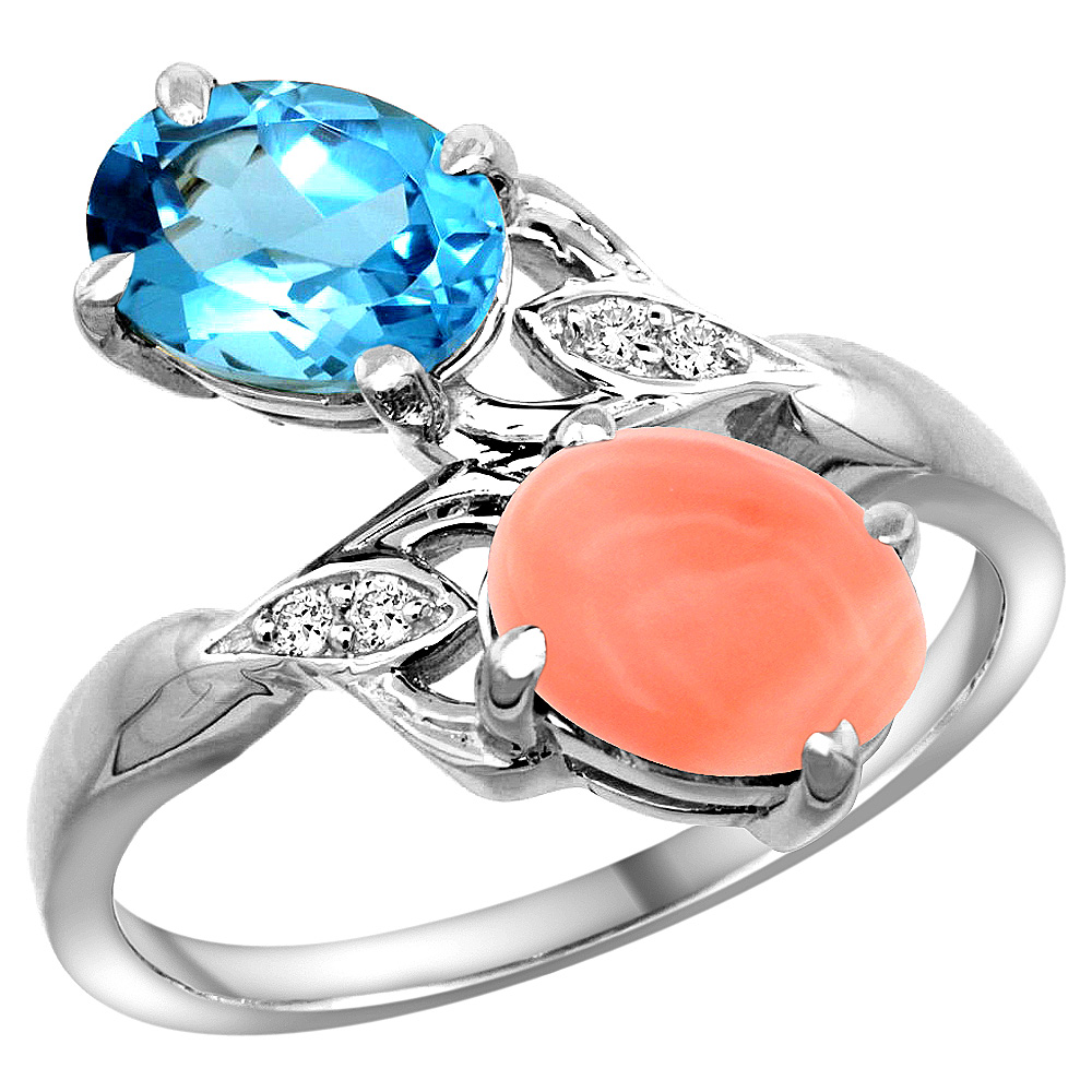 10K WHITE GOLD DIAMOND NATURAL SWISS BLUE TOPAZ & CORAL 2-STONE RING OVAL 8X6MM, SIZES 5 - 10