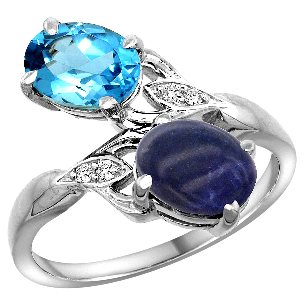 14k White Gold Diamond Natural Swiss Blue Topaz &amp; Lapis 2-stone Ring Oval 8x6mm, sizes 5 - 10