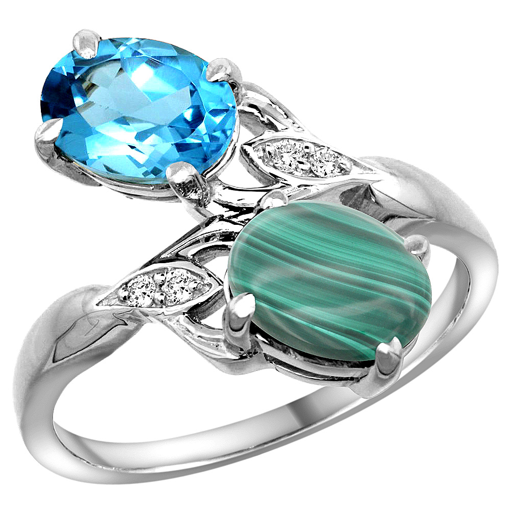 14k White Gold Diamond Natural Swiss Blue Topaz & Malachite 2-stone Ring Oval 8x6mm, sizes 5 - 10