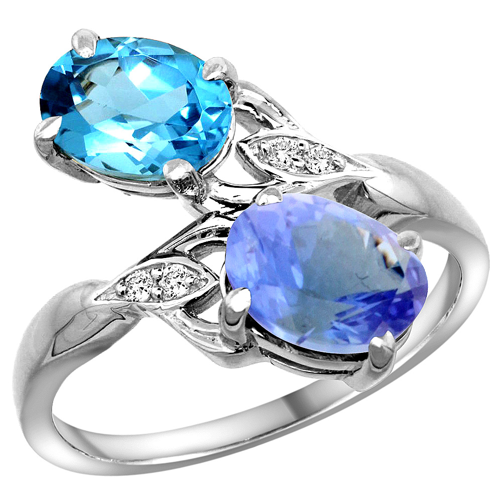 10K WHITE GOLD DIAMOND NATURAL SWISS BLUE TOPAZ & TANZANITE 2-STONE RING OVAL 8X6MM, SIZES 5 - 10