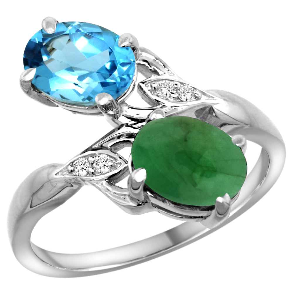 10K WHITE GOLD DIAMOND NATURAL SWISS BLUE TOPAZ & CABOCHON EMERALD 2-STONE RING OVAL 8X6MM, SIZES 5 - 10