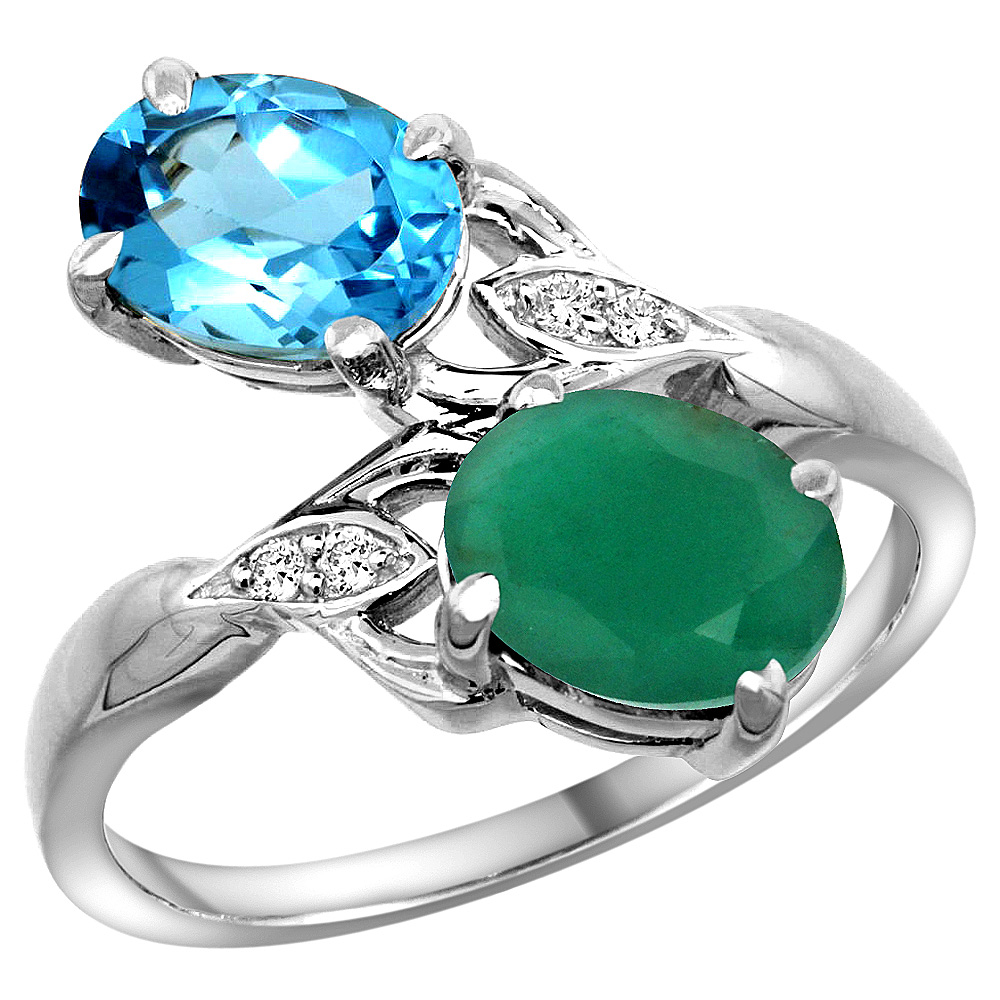 10K WHITE GOLD DIAMOND NATURAL SWISS BLUE TOPAZ EMERALD 2-STONE MOTHERS RING OVAL 8X6MM SIZE 5-10
