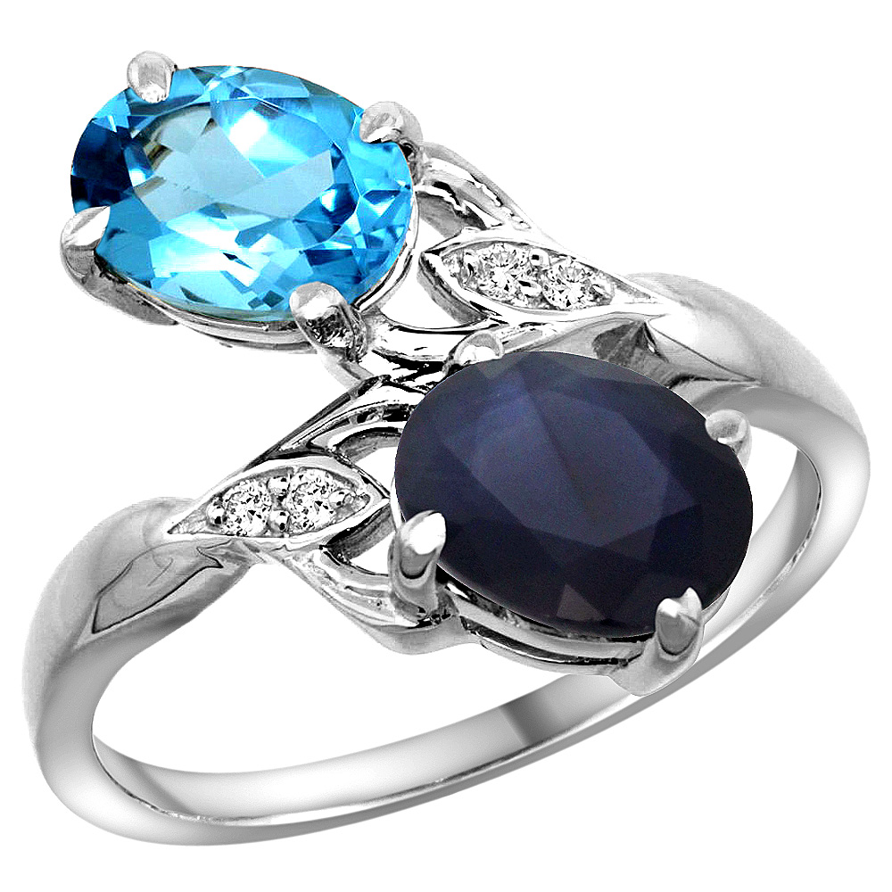 10K WHITE GOLD DIAMOND NATURAL SWISS BLUE TOPAZ BLUE SAPPHIRE 2-STONE RING OVAL 8X6MM SIZE 5-10