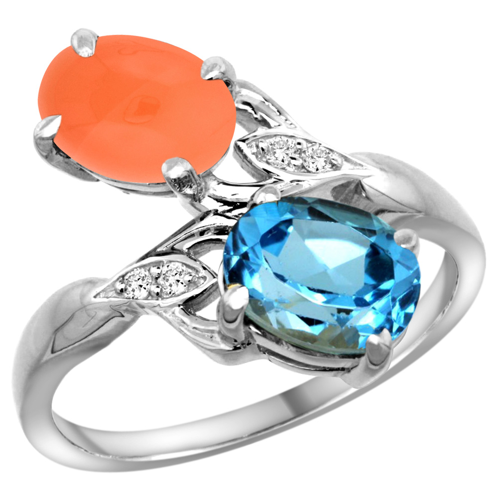10K WHITE GOLD DIAMOND NATURAL SWISS BLUE TOPAZ & ORANGE MOONSTONE 2-STONE RING OVAL 8X6MM, SIZES 5 - 10
