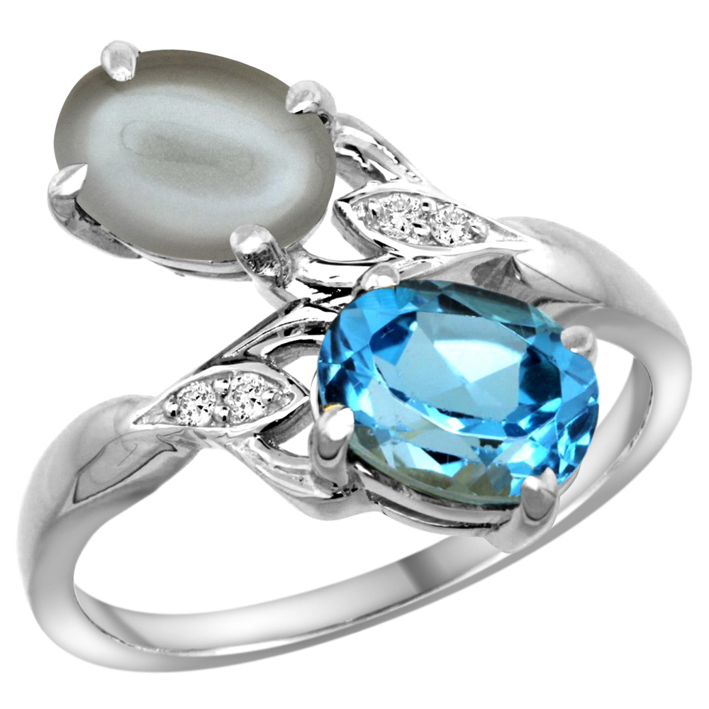 10K WHITE GOLD DIAMOND NATURAL SWISS BLUE TOPAZ & GRAY MOONSTONE 2-STONE RING OVAL 8X6MM, SIZES 5 - 10