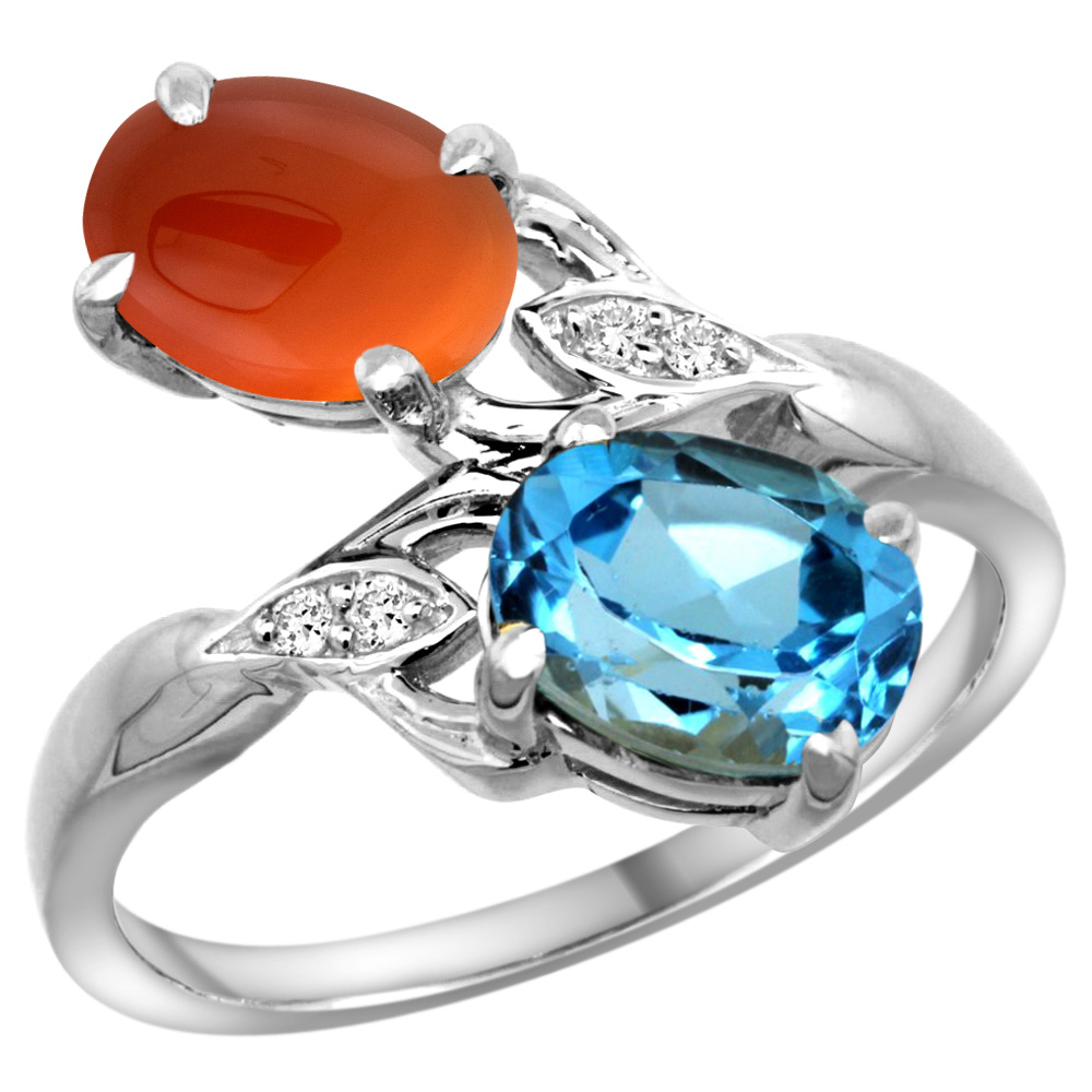 10K WHITE GOLD DIAMOND NATURAL SWISS BLUE TOPAZ & BROWN AGATE 2-STONE RING OVAL 8X6MM, SIZES 5 - 10