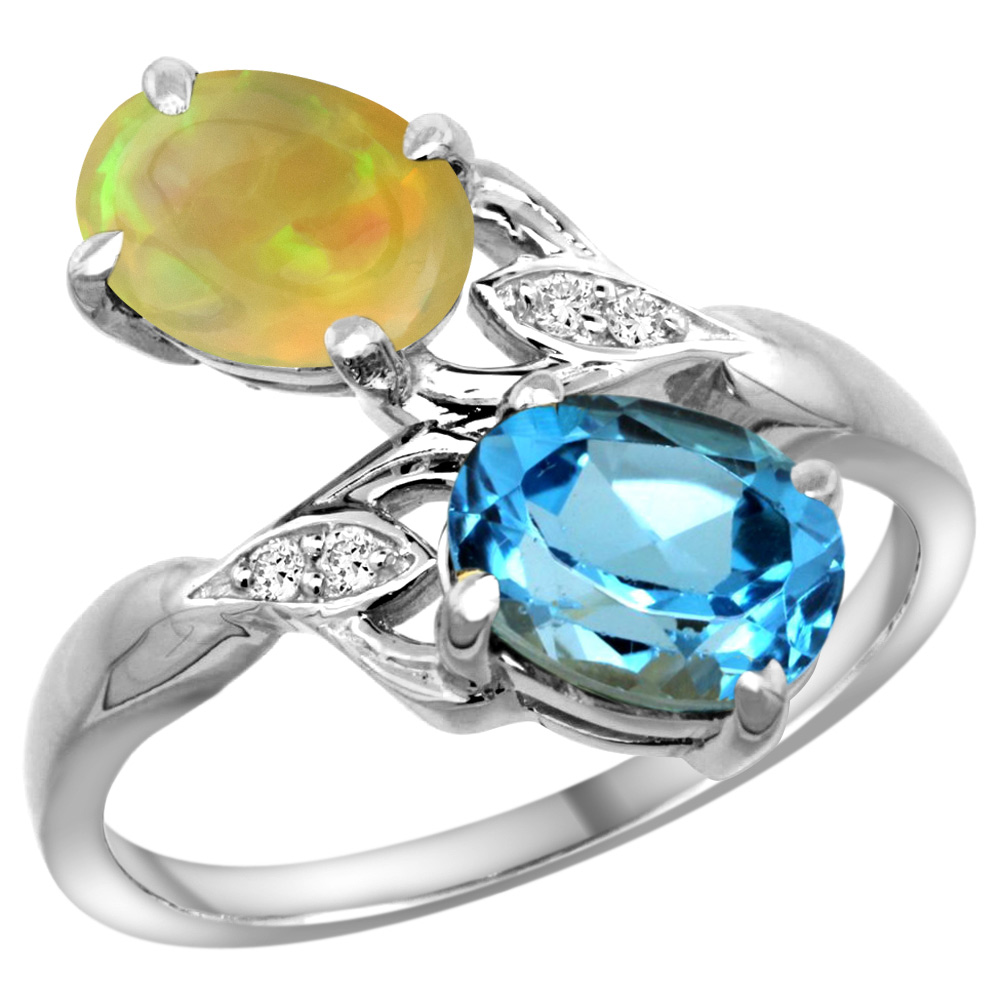 10K WHITE GOLD DIAMOND NATURAL SWISS BLUE TOPAZ & ETHIOPIAN OPAL 2-STONE MOTHERS RING OVAL 8X6MM,SZ5 - 10