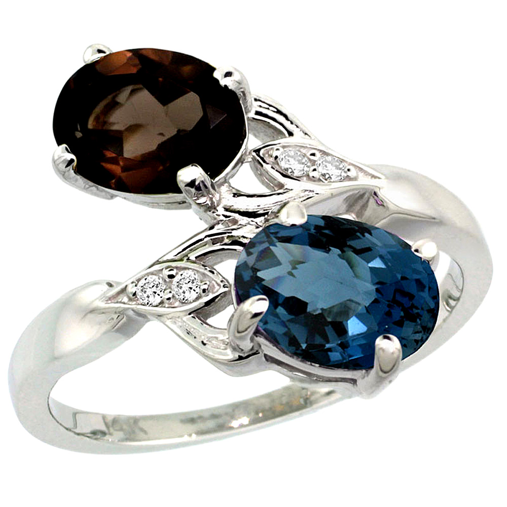 14K WHITE GOLD DIAMOND NATURAL LONDON BLUE & SMOKY TOPAZ 2-STONE RING OVAL 8X6MM, SIZES 5 - 10