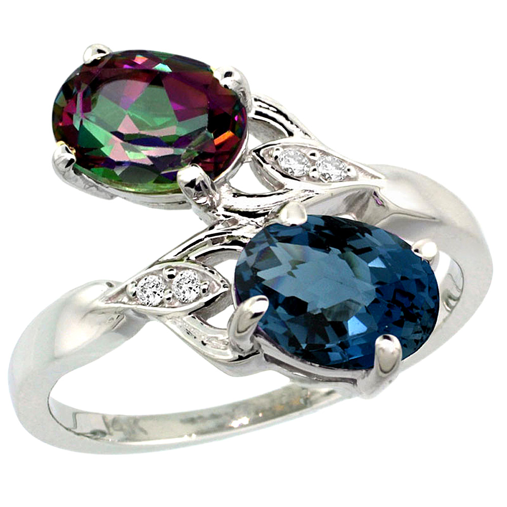 14K WHITE GOLD DIAMOND NATURAL LONDON BLUE & MYSTIC TOPAZ 2-STONE RING OVAL 8X6MM, SIZES 5 - 10