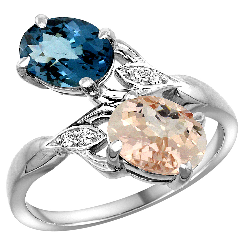 10K WHITE GOLD DIAMOND NATURAL LONDON BLUE TOPAZ & MORGANITE 2-STONE RING OVAL 8X6MM, SIZES 5 - 10