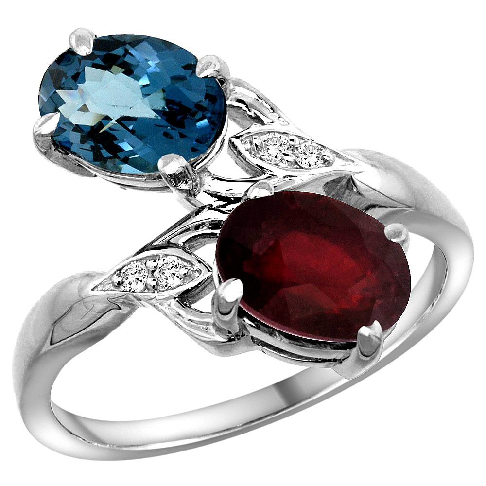 10K WHITE GOLD DIAMOND NATURAL LONDON BLUE TOPAZ & ENHANCED GENUINE RUBY 2-STONE RING OVAL 8X6MM, SIZES 5 - 10