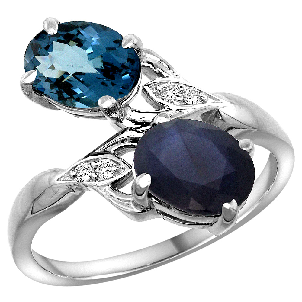 10K White Gold Diamond Natural London Blue Topaz & Blue Sapphire 2-stone Ring Oval 8x6mm, sizes 5 - 10