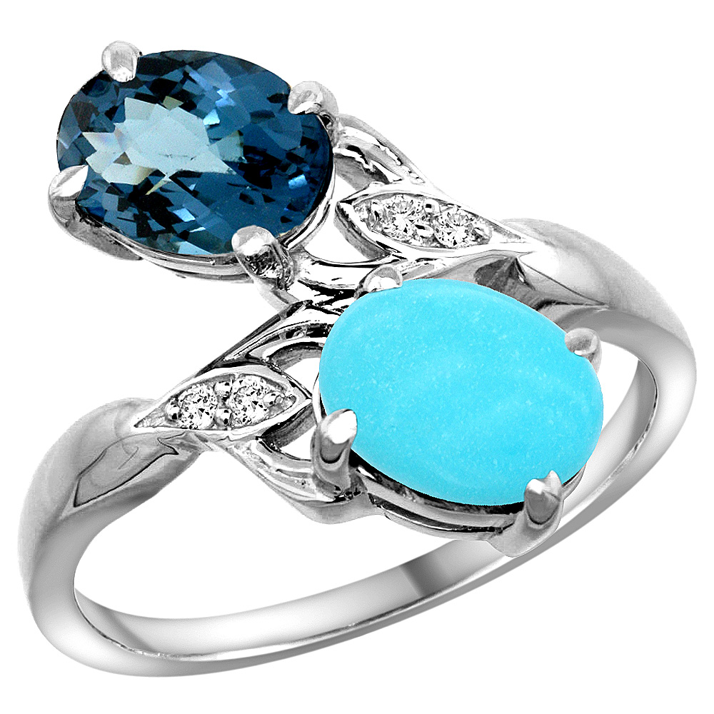 10K WHITE GOLD DIAMOND NATURAL LONDON BLUE TOPAZ & TURQUOISE 2-STONE RING OVAL 8X6MM, SIZES 5 - 10