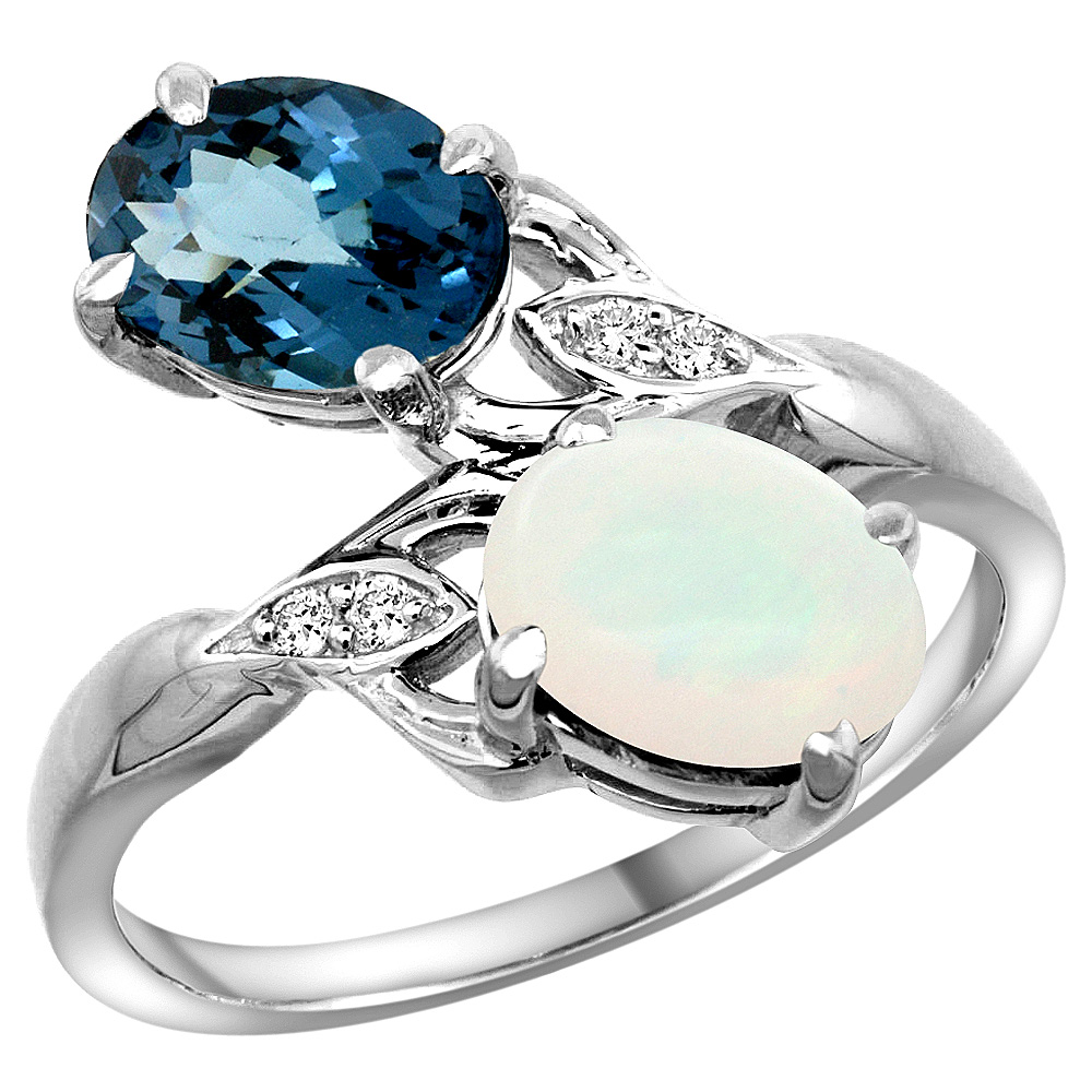 10K WHITE GOLD DIAMOND NATURAL LONDON BLUE TOPAZ & OPAL 2-STONE RING OVAL 8X6MM, SIZES 5 - 10
