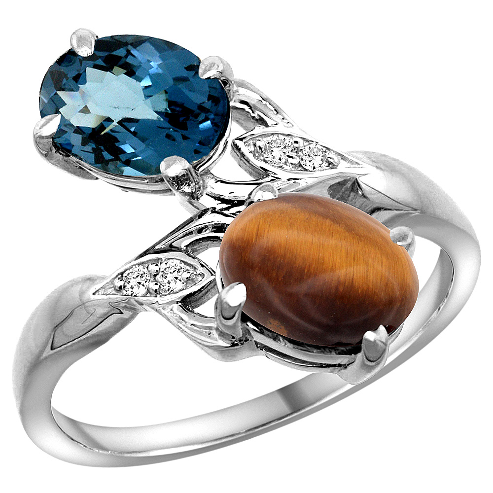 10K WHITE GOLD DIAMOND NATURAL LONDON BLUE TOPAZ & TIGER EYE 2-STONE RING OVAL 8X6MM, SIZES 5 - 10