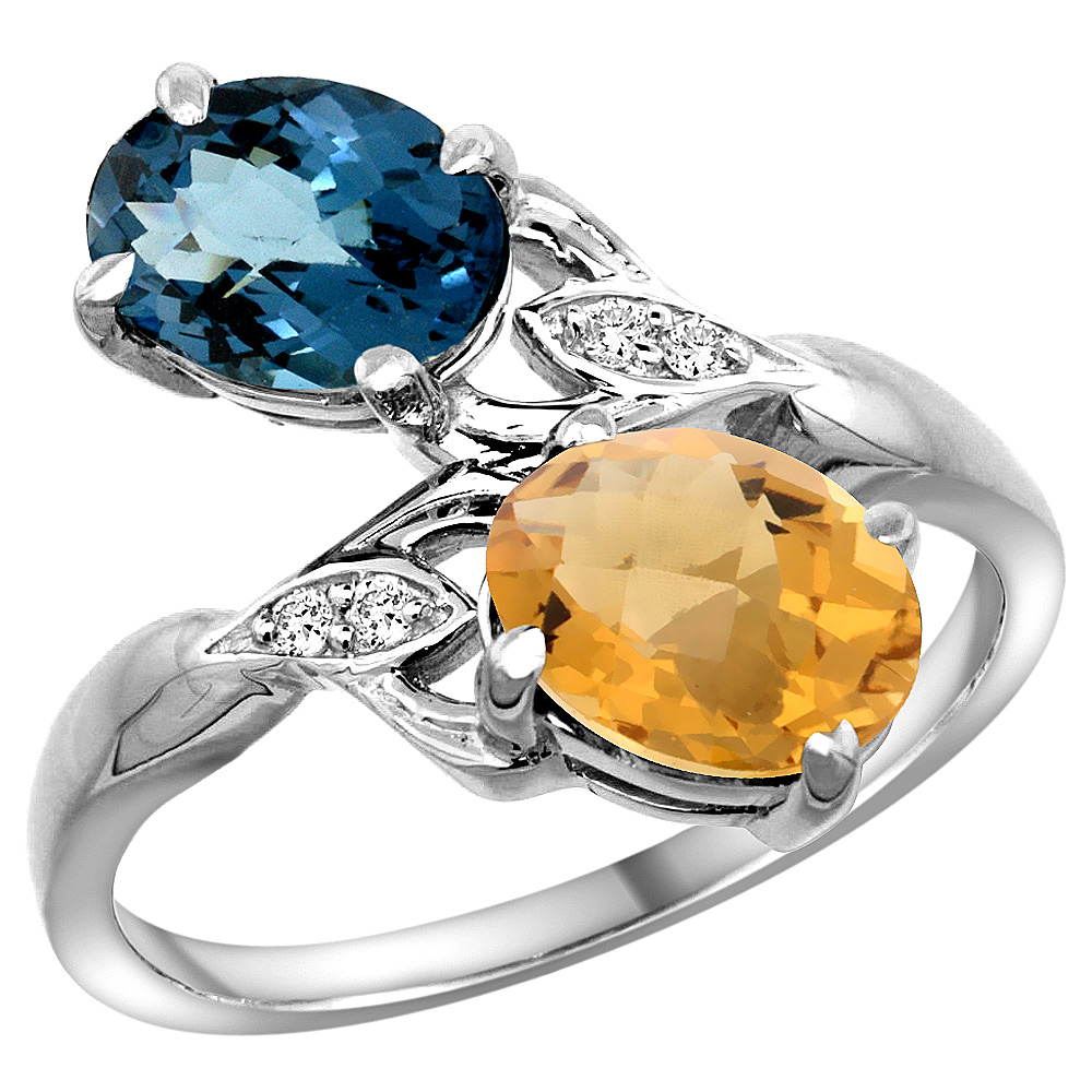 10K WHITE GOLD DIAMOND NATURAL LONDON BLUE TOPAZ & WHISKY QUARTZ 2-STONE RING OVAL 8X6MM, SIZES 5 - 10