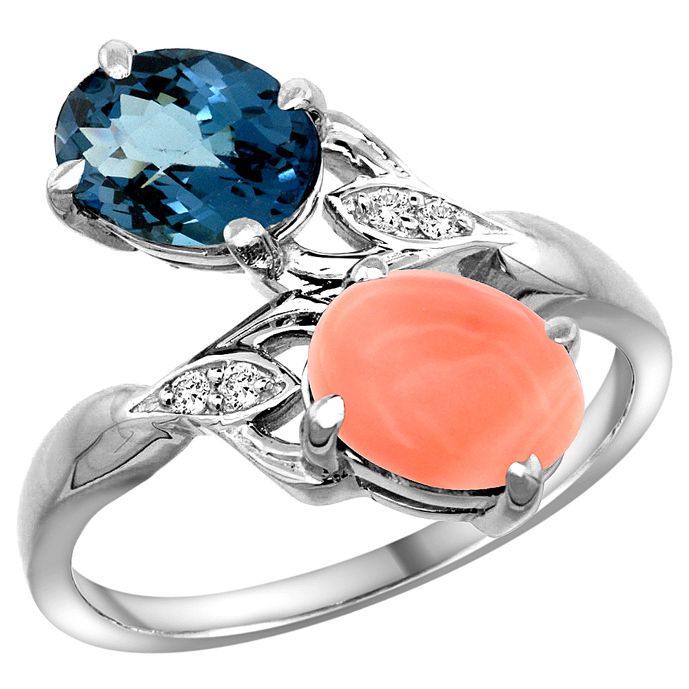 10K White Gold Diamond Natural London Blue Topaz & Coral 2-stone Ring Oval 8x6mm, sizes 5 - 10