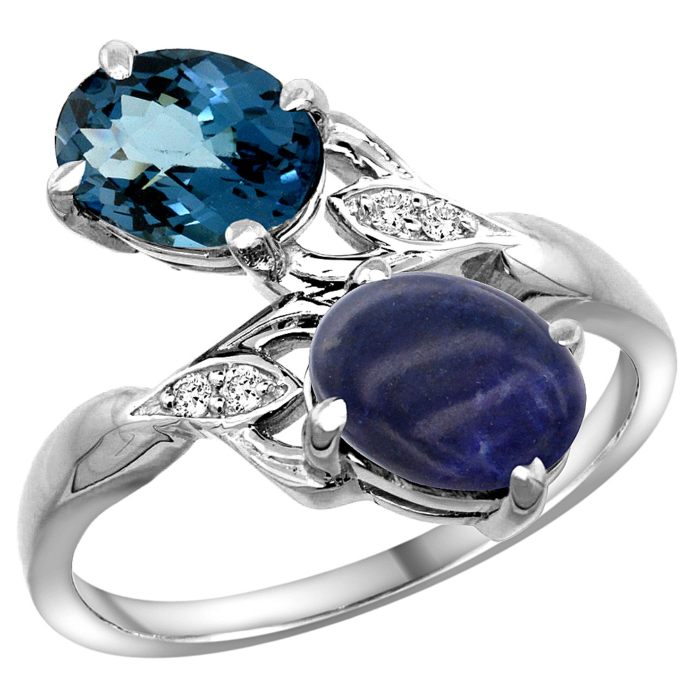 10K WHITE GOLD DIAMOND NATURAL LONDON BLUE TOPAZ & LAPIS 2-STONE RING OVAL 8X6MM, SIZES 5 - 10