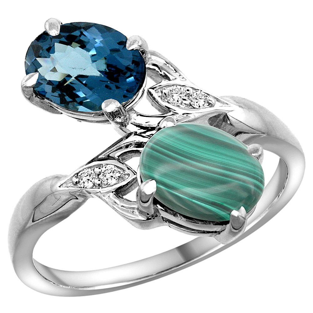 10K WHITE GOLD DIAMOND NATURAL LONDON BLUE TOPAZ & MALACHITE 2-STONE RING OVAL 8X6MM, SIZES 5 - 10