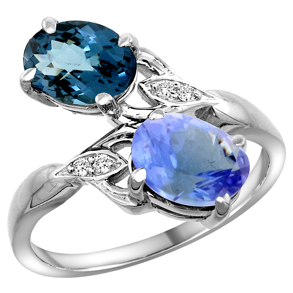 10K WHITE GOLD DIAMOND NATURAL LONDON BLUE TOPAZ & TANZANITE 2-STONE RING OVAL 8X6MM, SIZES 5 - 10