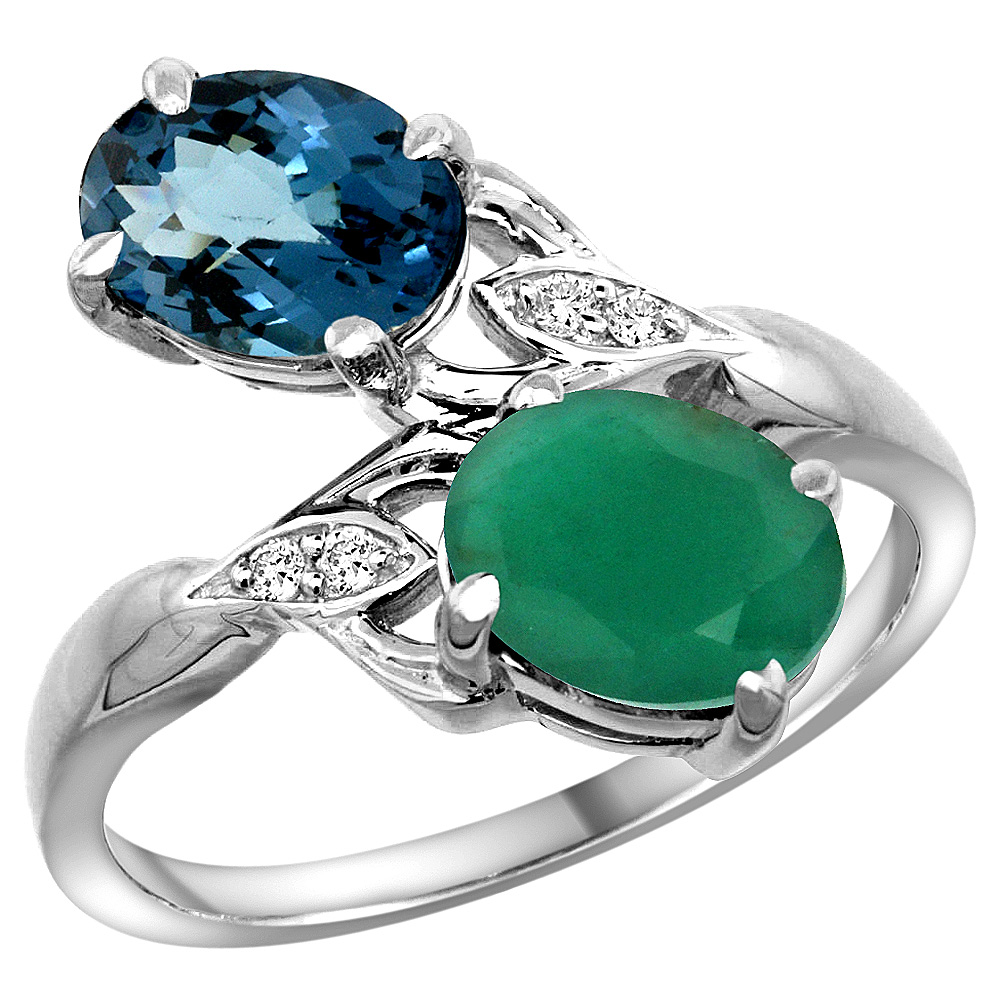 10K White Gold Diamond Natural London Blue Topaz&amp;Quality Emerald 2-stone Mothers Ring Oval 8x6mm,sz5 - 10